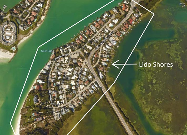 Arial map of Lido Shores in Sarasota, FL